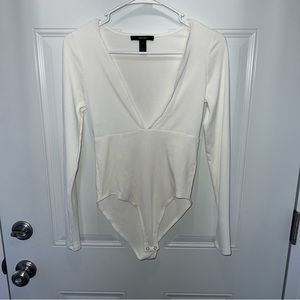Forever 21 white ribbed plunge v neck bodysuit size small
